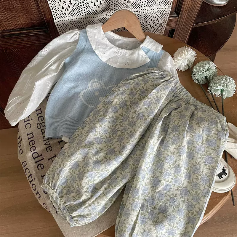 清仓不退不换【理性下单】女童春季卡通马甲+荷叶领衬衫+碎花束脚