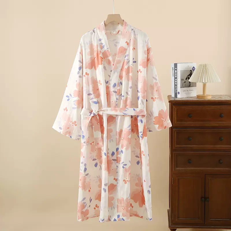 春秋夏季薄款纯棉双层纱布睡袍日式和服家居服全棉系带汗蒸服浴衣
