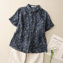 原创2025小众设计夏季女装文艺范碎花复古衬衫短袖收腰显瘦上衣女