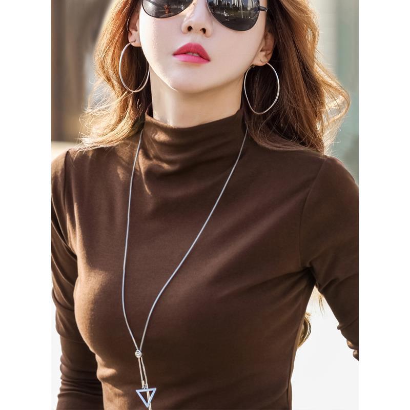 반 높이 칼라 양면 벨벳 두껍게베이스 셔츠 여자 가을 겨울 열 속옷 올 매치 솔리드 컬러 긴팔 티셔츠 탑 트렌디