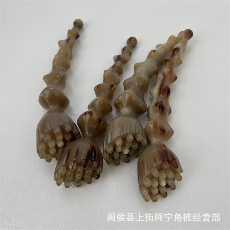 Horn Facial Massage Stick Gujiao Lianpeng 18 Bead Lotus Design Hand Carved Guasha Tool Portable Acupoint Massage Comb overview