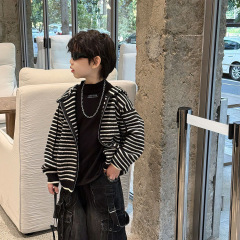泰如2025秋季新款韩版男童撞色条纹针织连帽毛衣开衫宽松柔软上衣