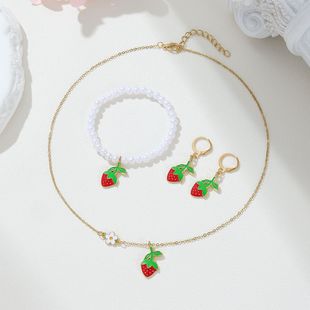 Cross-Border New Children's Jewelry Set for Girls, Fresh and Sweet Summer Flowers, Strawberry Pearl Bracelet, Earrings and Necklace
