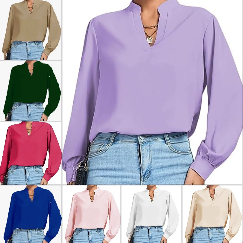2024 осень новый Amazon AliExpress трансграничный женский V-образный вырез с длинным рукавом рубашка рубашка рубашка топ на складе