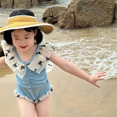 女童泳衣2024新款洋氣可愛女寶寶公主兒童夏季V領速干連體泳裝