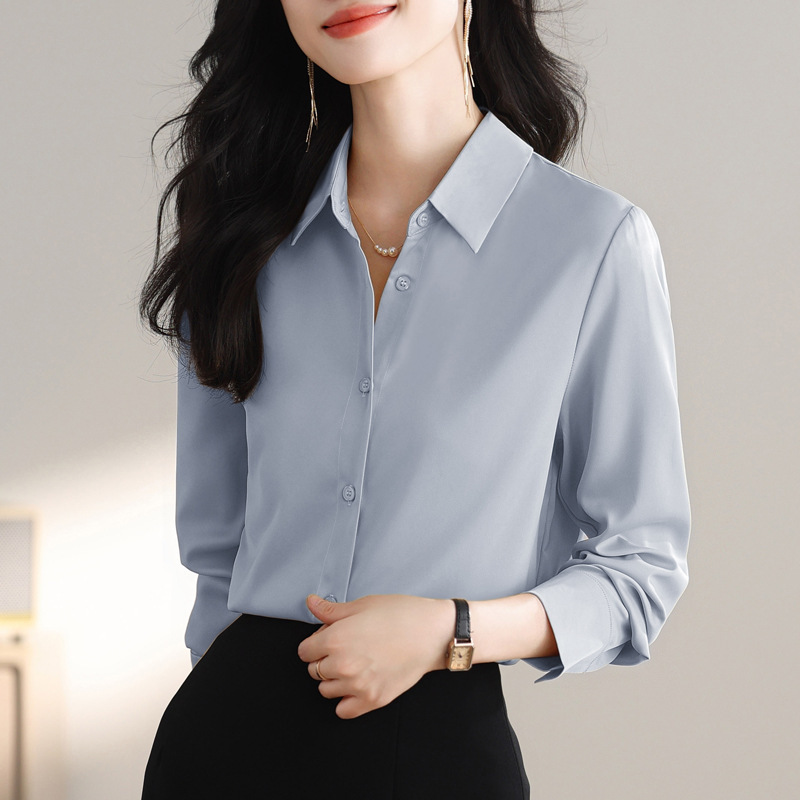 Authentic Mulberry Silk Heavy Crepe Simple Women's Shirt for Autumn Commuting, Solid Color Turn-Down Collar, Stylish Professional Women's Shirt