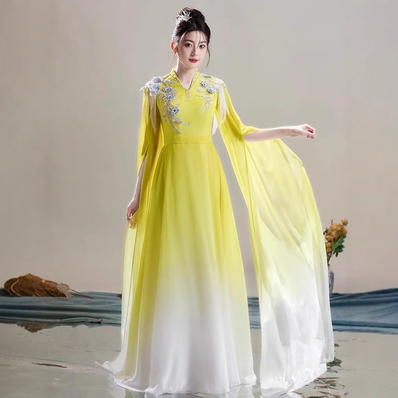 中国风大合唱演出服女长裙气质诗歌朗诵服装飘逸成人古筝演出服装|undefined