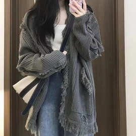 韩系宽松百搭灰色针织毛衣开衫外套女2026秋季设计感软糯休闲上衣