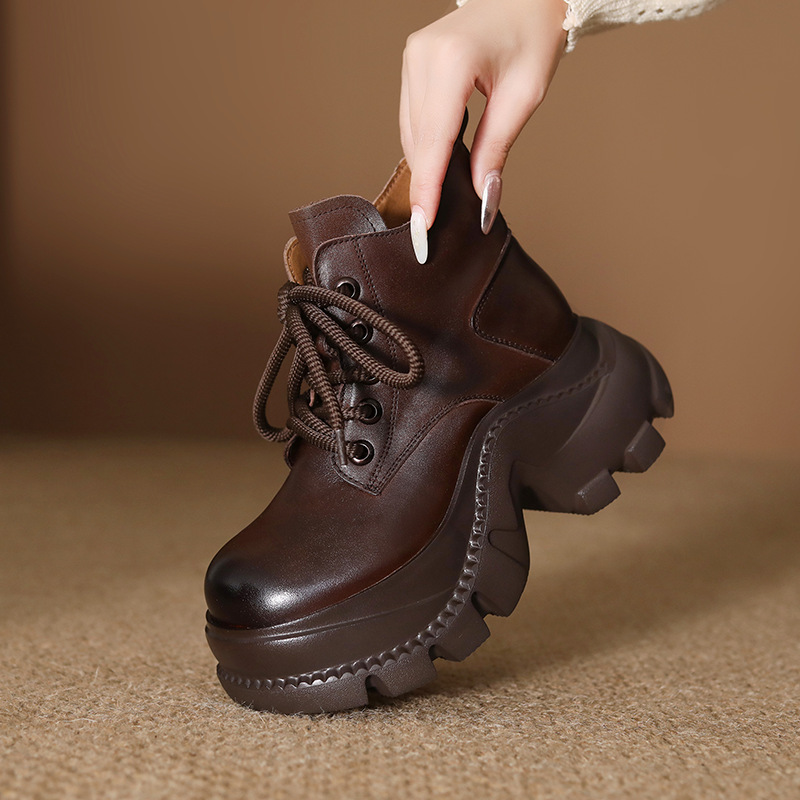 Thick-Soled Boots for Women 2025 Autumn and Winter New Style Small Super High Heels Women's Boots British Style Genuine Leather Short Boots