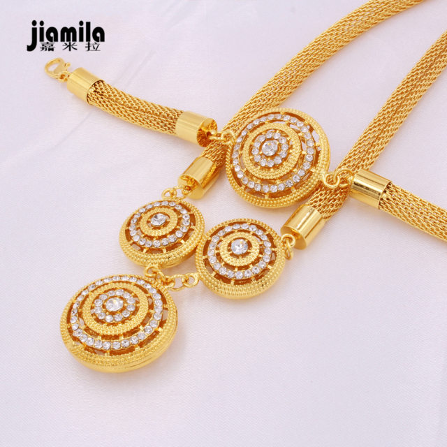 Jamila Middle East Dubai Bride Wedding 24K Gold Plated Jewelry Set Necklace Earrings Ring Bracelet Four-piece Set