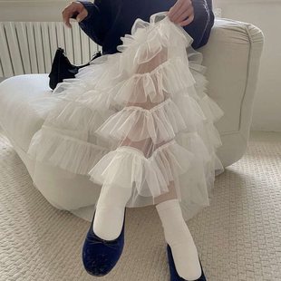Korean Chic Spring French Romantic High-Waisted Versatile Splicing Ruffled Layered Design Long Skirt for Women