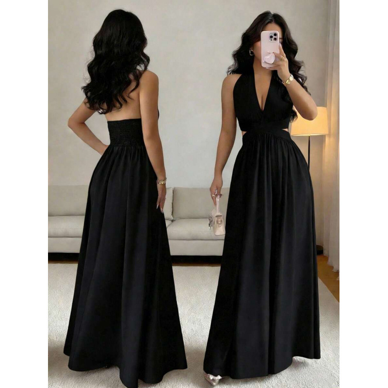 Cross-border Amazon European and American summer fashion elegant V-neck hollow-out design ruched sleeveless halter neck dress