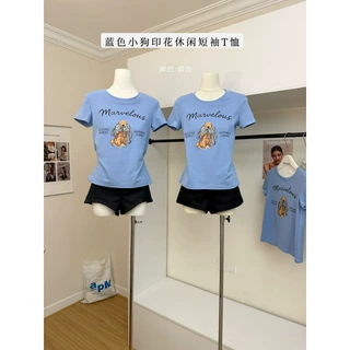 塞纳 蓝色小狗印花短袖T恤女夏季新款可爱风日常休闲百搭