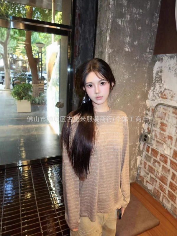 2025年秋季新款小众复古拼色字母贴布刺绣条纹宽松T恤女百搭上衣|undefined
