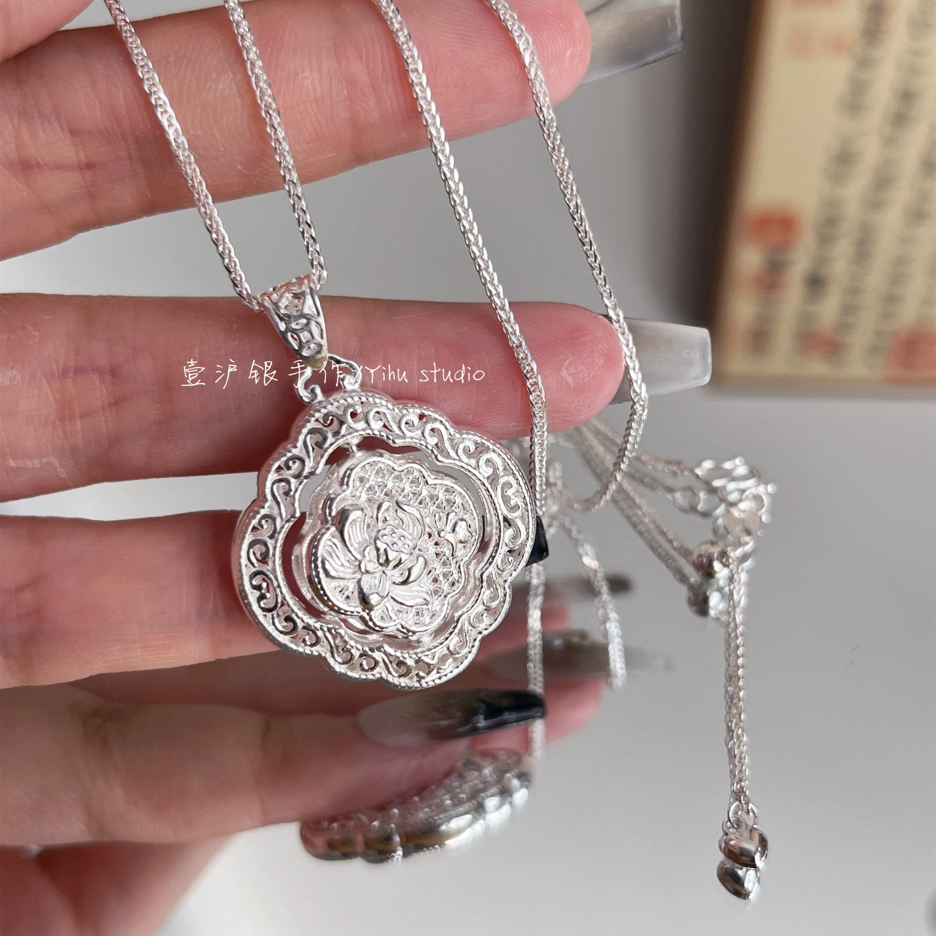 Square double-sided silver bracelet, necklace for friend, Chinese style, 925 sample silver