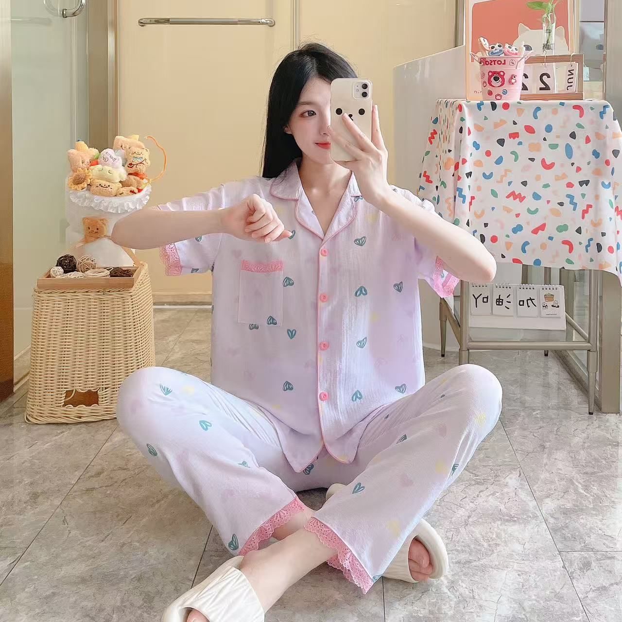 Pijamas al por mayor transfronterizos de primavera y verano espuma impresa cinta de encaje de manga corta pantalones largos de dibujos animados ropa de hogar