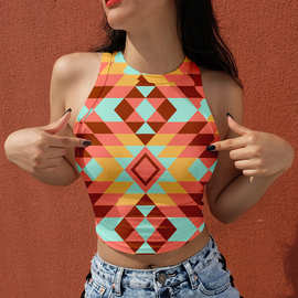 2021亚马逊夏季吊带背心上衣女式挂脖几何印花圆领无袖露脐背心