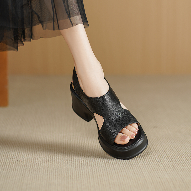 Sandal nữ đế dày gót vuông quai ngang khóa một dây phong cách La Mã — đen