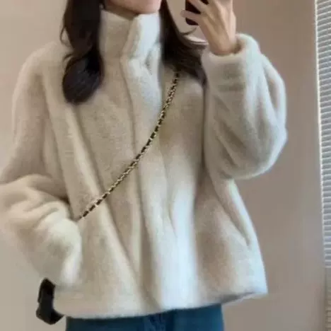 仿天鹅绒貂皮大衣皮毛一体立领短款水貂绒环保皮草女冬季毛毛外套