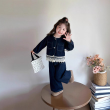 女童牛仔秋装套装2025新款洋气春秋儿童蕾丝外套拼接时髦两件套秋