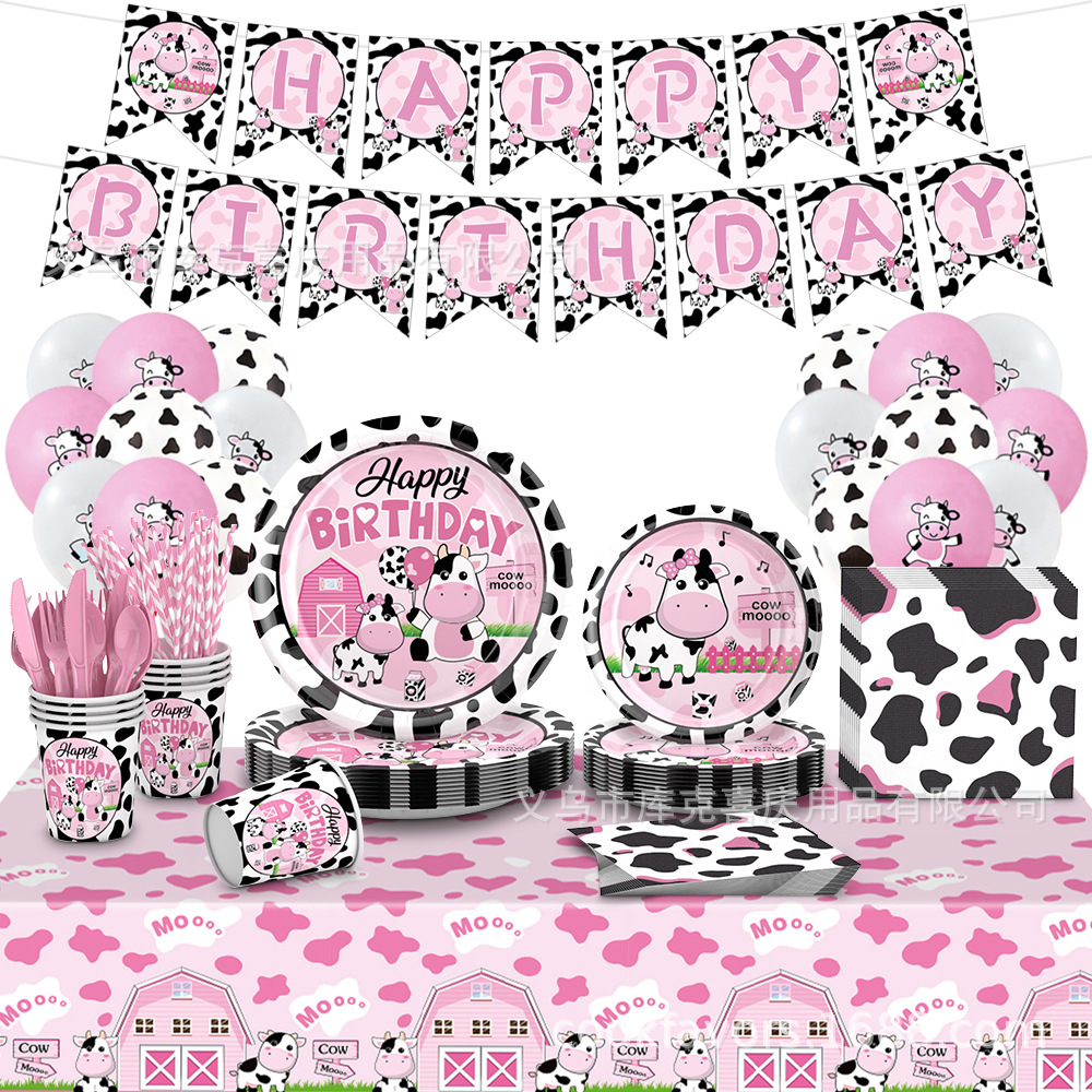 Decoración de fiesta de granja de vaca rosa cumpleaños bandeja de papel desechable taza de papel toallas set de decoración de globo