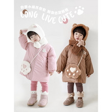 吾里卜一女童可拆卸連帽棉服小動物造型包包寶寶冬季保暖棉衣外套
