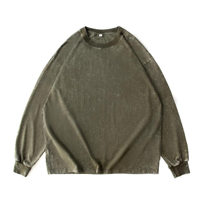 230g pure cotton washed distressed long-sleeved T-shirt for men, solid color American retro trend loose inner layer base layer printed pic 18