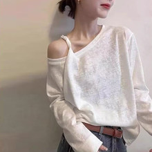 白色长袖t恤女2026早秋新款斜领露肩甜辣妹设计感巨好看轻熟上衣