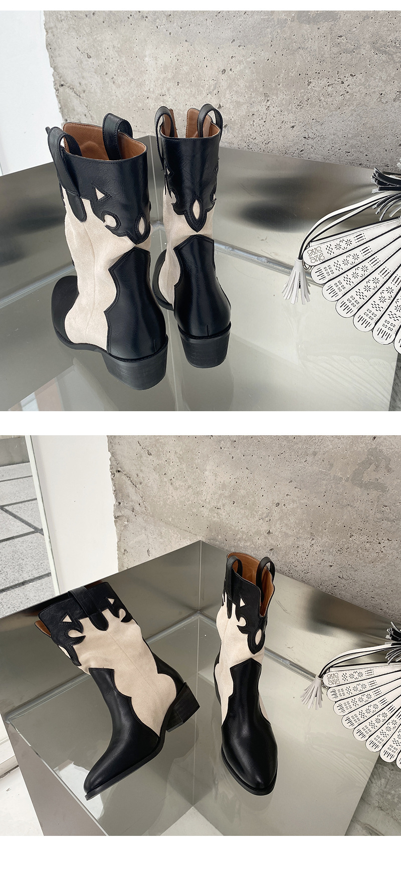 2024 Fashion Pointed Korean Edition Temperament Splicing Simple and Versatile Sleeve Thick Heel Short Boots for Women_voghion.com