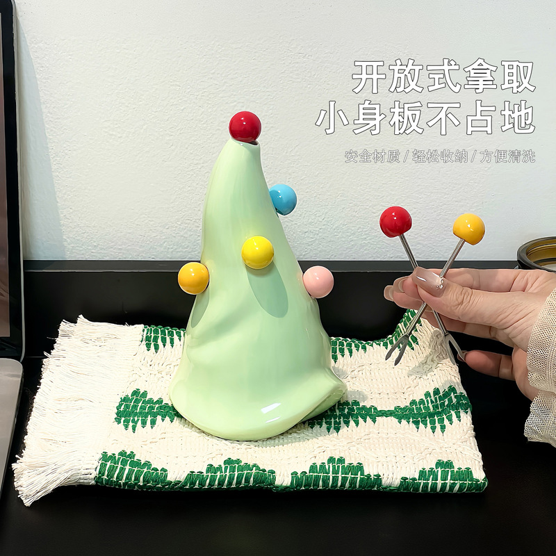创意圣诞树果叉套装家用不锈钢叉水果签陶瓷收纳罐高颜值装饰摆件|undefined