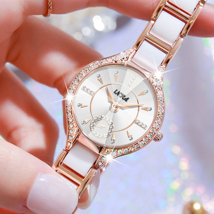 TikTok Explosive Ceramic Watch New Light Luxury Elegant Goddess Full Circle Zircon Waterproof Quartz Women's Watch Factory Straight Hair