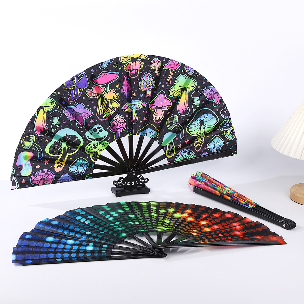 Amazon estilo caliente ventilador de kung fu de 33 cm fiesta decoración navideña ventilador plegable ventilador fluorescente colorido de gran tamaño