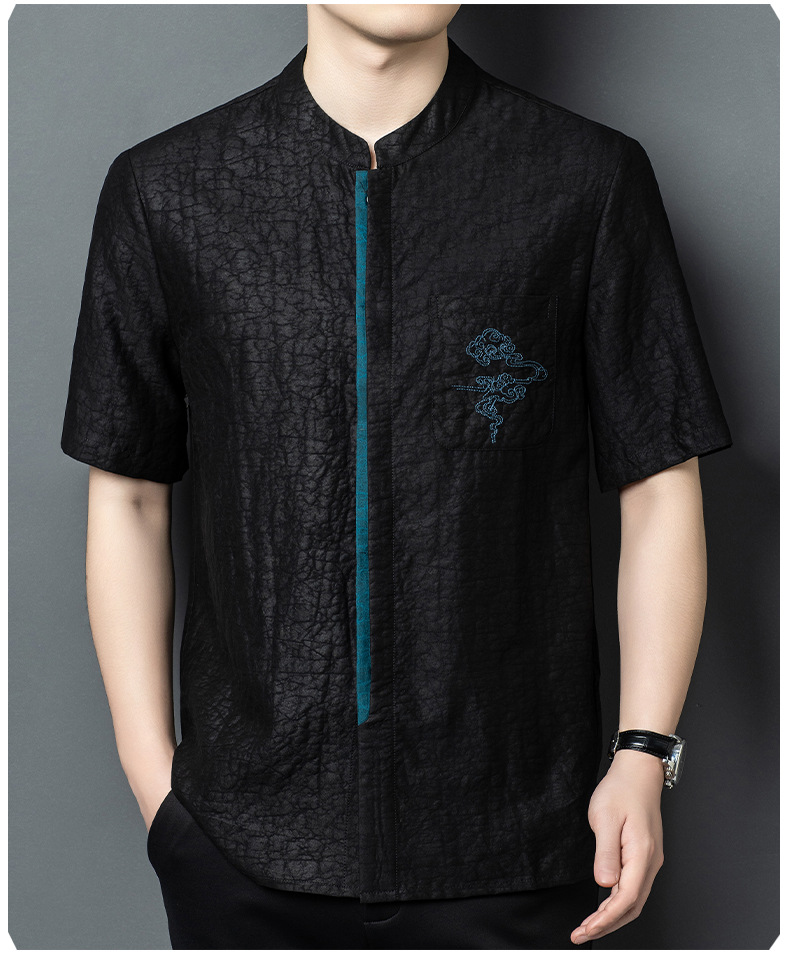 Áo sơ mi ngắn tay nam cổ đứng lụa tơ tằm 100% Mulberry Silk phong cách vintage — Da đen 26638 chi tiết 9