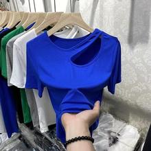 洋氣女裝羅紋折扣女商場鏤空棉撤櫃短袖恤清倉剪標修身品牌夏季