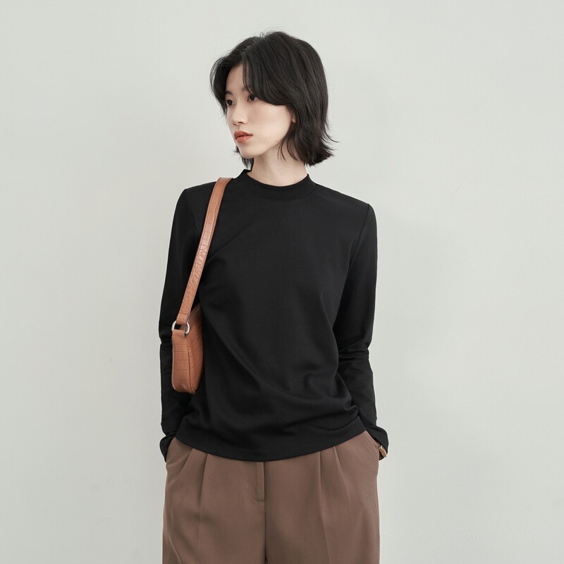 极简纯棉小立领t恤女长袖通勤宽松显瘦半高中领打底衫上衣|undefined