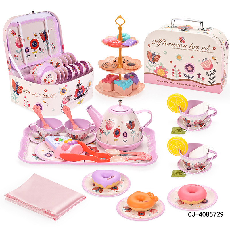 ままごと子供用アフタヌーンティーデザートセットピンク花ブリキケーキ海洋茶器ギフトセット|undefined