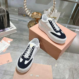 25春夏新款复古做旧厚底饼干鞋女圆头系带拼色百搭休闲运动鞋女潮