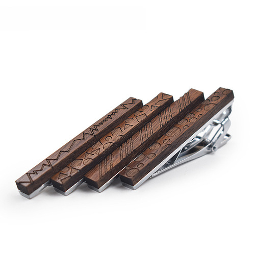 Brand New High-End Wooden Long Tie Clip with Personalized Geometric Patterns, Wood Tie Clip with Alloy and Walnut Wood, 5.5cm