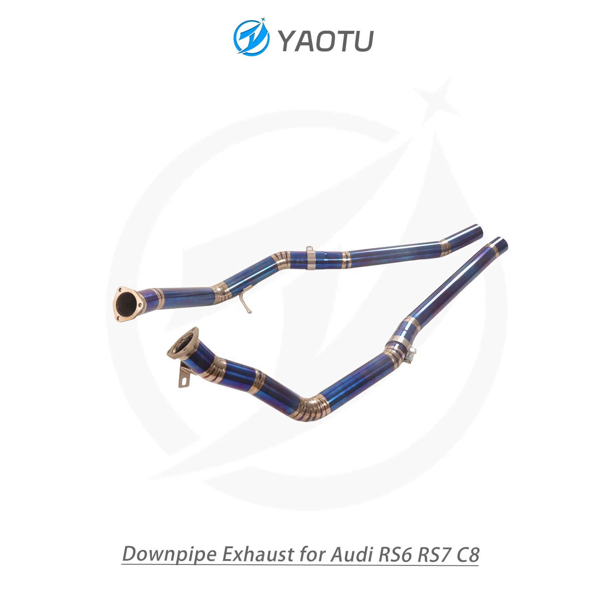 YT front exhaust system for Audi RS6 RS7 C8, titanium with blue flame