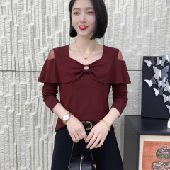 一件代发直播爆款2025春秋季款洋气露肩百搭长袖T恤女上衣打底衫