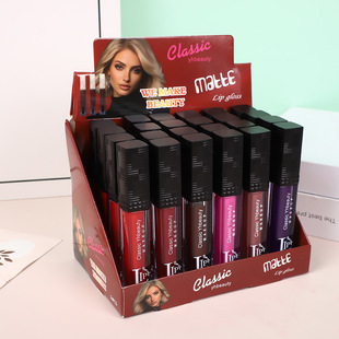 Cross-Border Exclusive Black Lid Water-Gloss Non-Stick Matte Lip Gloss Matte Lip Glaze Non-Fading Liquid Lipstick Makeup 12 Colors