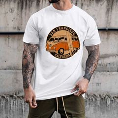 独立駅クロスボーダー男性レトロ車模様綿100% ゆるいプルオーバー半袖tシャツ