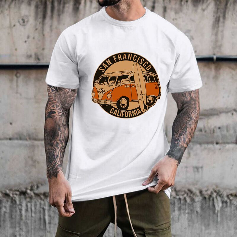 独立駅クロスボーダー男性レトロ車模様綿100% ゆるいプルオーバー半袖tシャツ|undefined