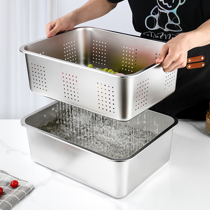 不锈钢冲孔方形盆方形带孔方盆洗菜沥水盆带盖沥水篮洗菜蓝洗菜盆