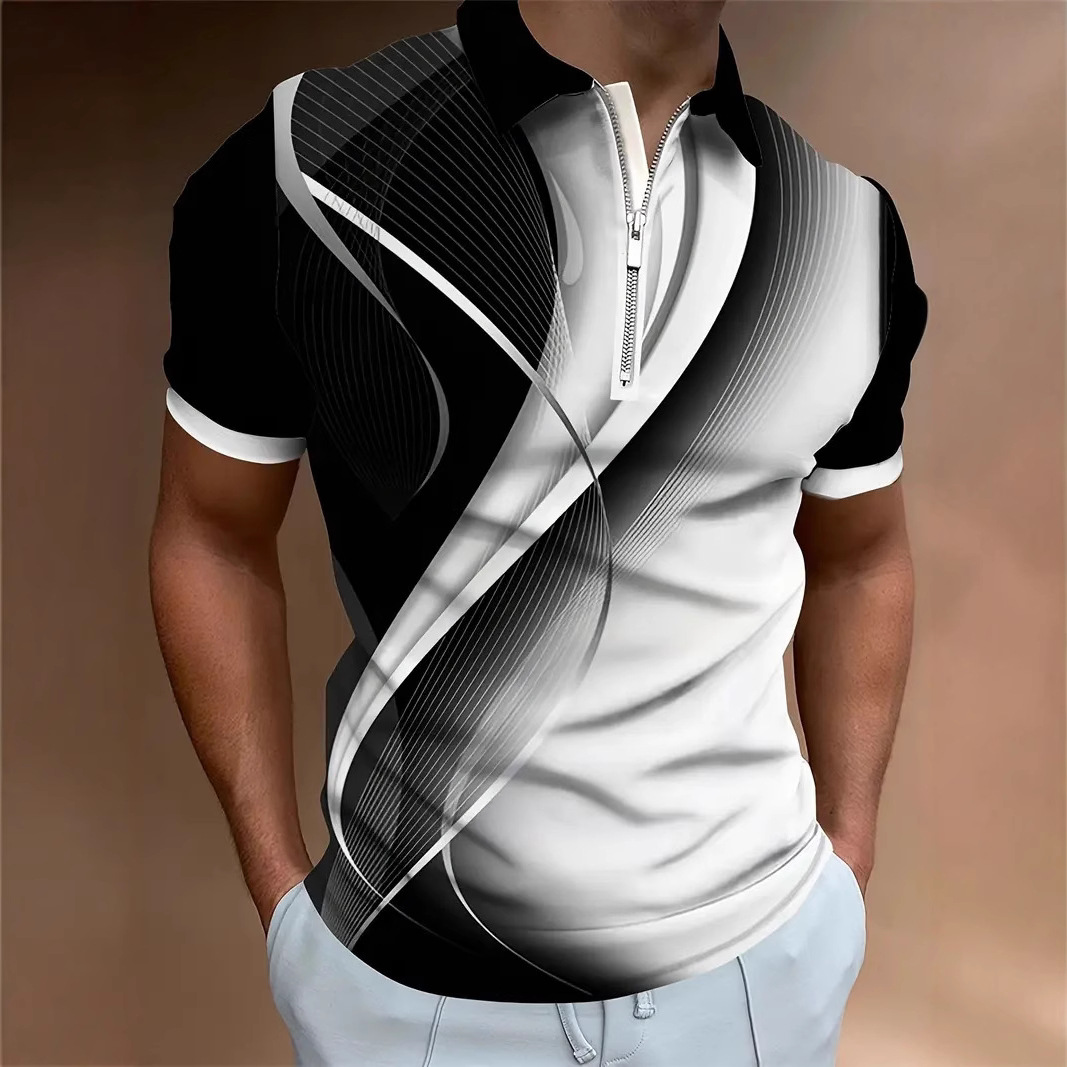 Camisa POLO con cremallera de manga corta con estampado digital 3D para hombre de verano transfronterizo de estilo deportivo y casual patrón geométrico MB13