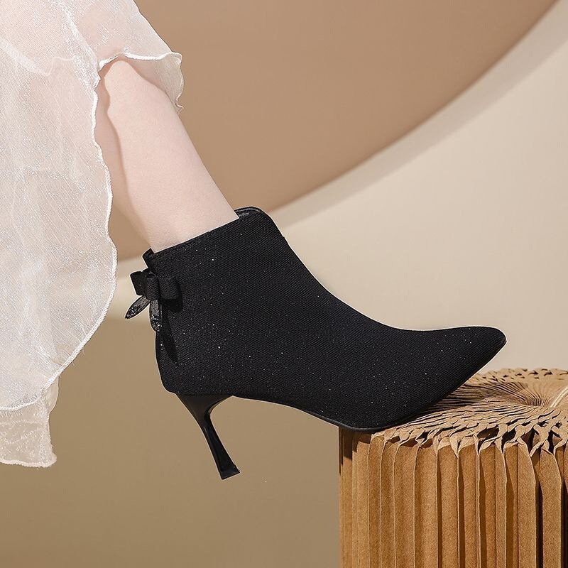 Foreign Trade High-Heeled Short Boots with Bowknot on the Back for Women, 2026 New Trendy Slim Boots with Thin Heels, Single Boots, Martin Boots Foreign Trade High-Heeled Short Boots with Bowknot on the Back for Women, 2026 New Trendy Slim Boots with Thin Heels, Single Boots, Martin Boots