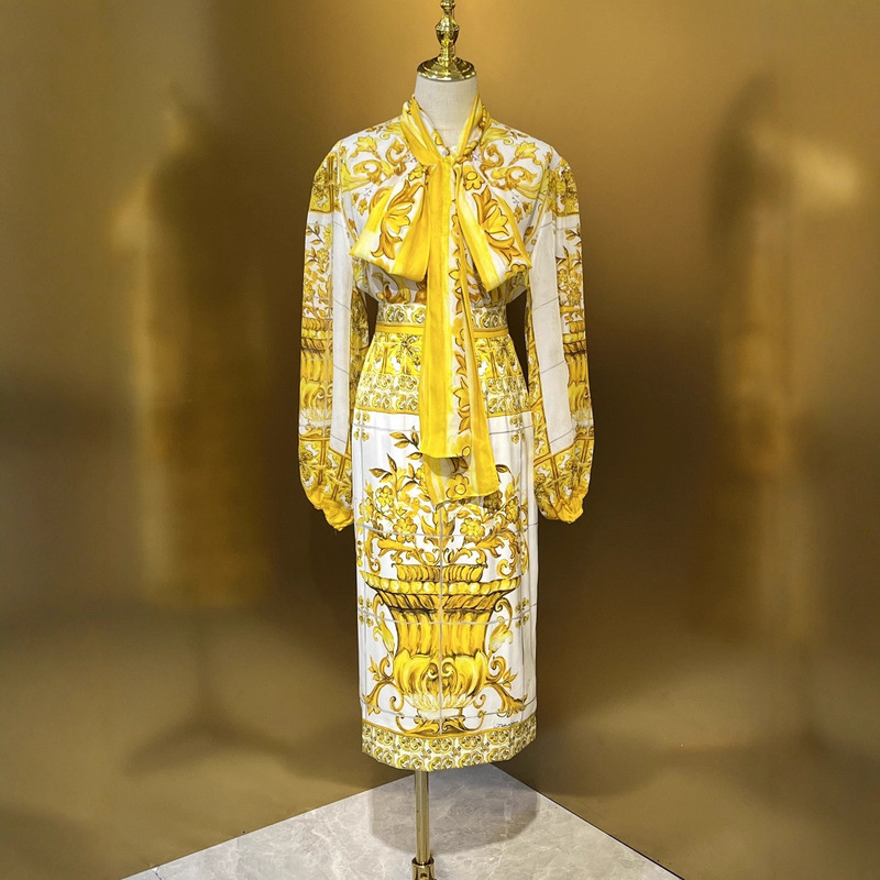 Light Luxury Socialite Style Jacquard Skirt Yellow Flower Porcelain Silk Chiffon Loose Fashion Shirt 19 Mumi Double Joe Silk Skirt