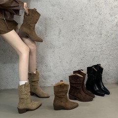 粗跟尖头中筒靴皱褶堆堆靴女2025秋冬新款复古瘦靴短靴女马丁靴子