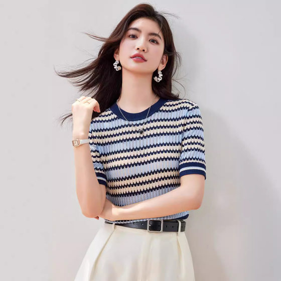 Summer Chanel Style Short-sleeved T-shirt Women's Short Contrast Western Style Top Striped Ice Silk Knit Thin