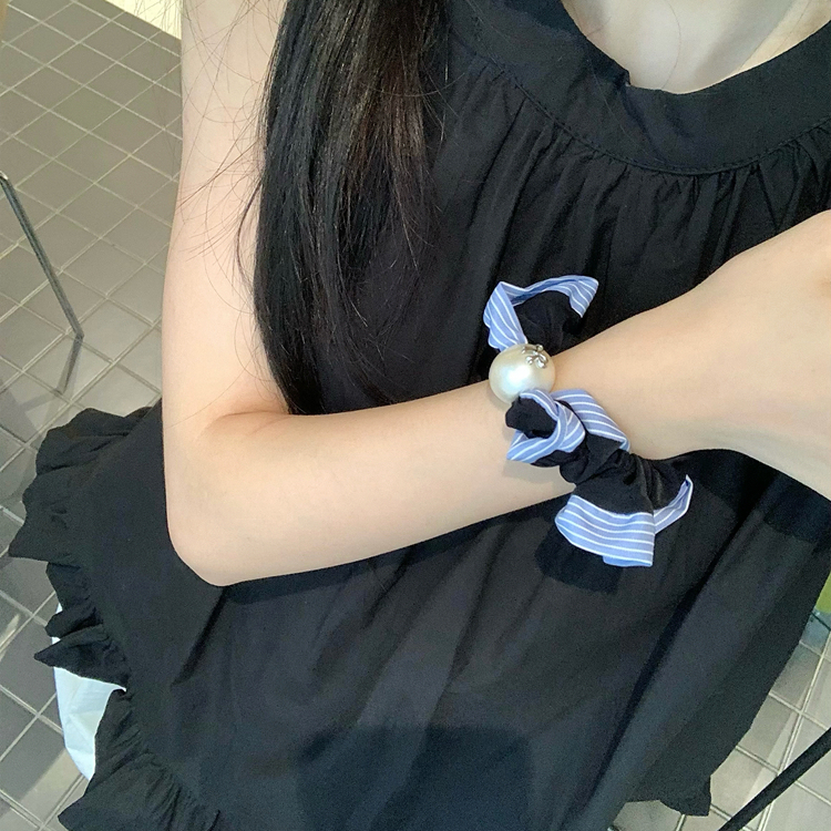 蓝条纹花边珍珠小肠发圈发绳精致蝴蝶结发圈头绳时尚通勤扎发皮筋|undefined